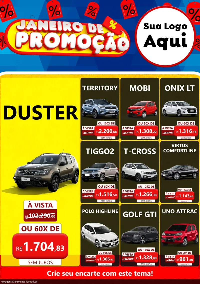 Modelo de Encarte para Encarte A4 Vertical com o tema Janeiro de Promoção para Concessionaria de Carros