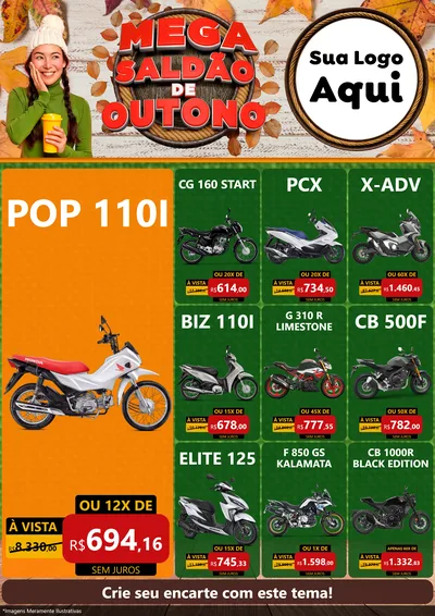 Modelo de Encarte para Encarte A4 Vertical com o tema Mega Saldão de Outono para Concessionaria de Motos