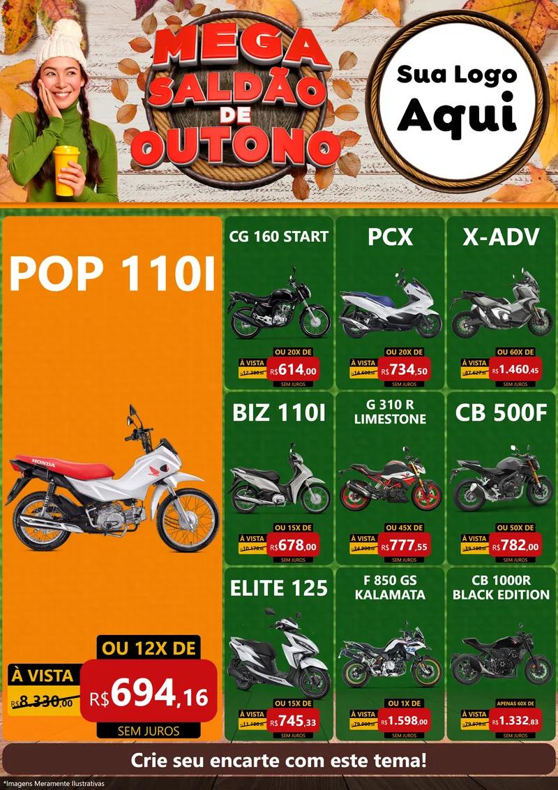 Modelo de Encarte para Encarte A4 Vertical com o tema Mega Saldão de Outono para Concessionaria de Motos