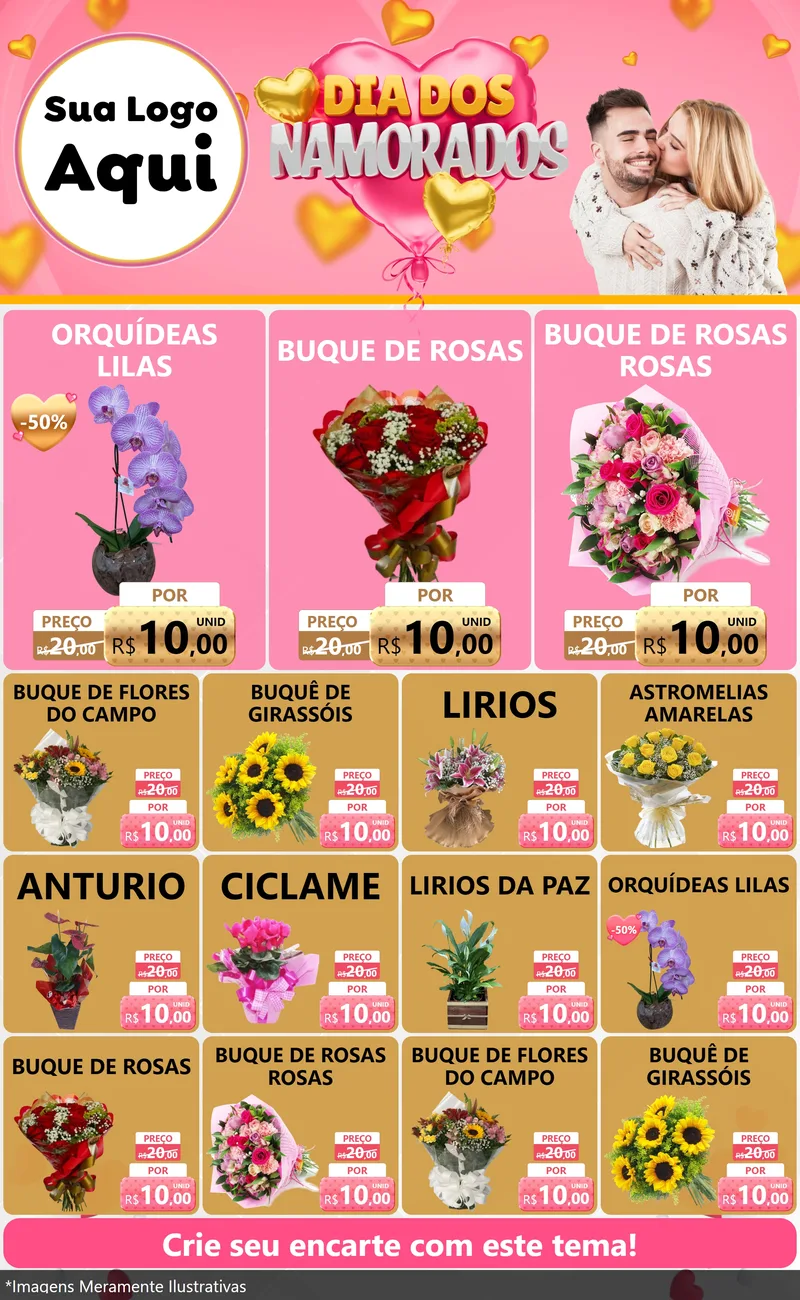 Modelo de Encarte para Encarte Grande com o tema Dia dos Namorados para Floricultura e jardim