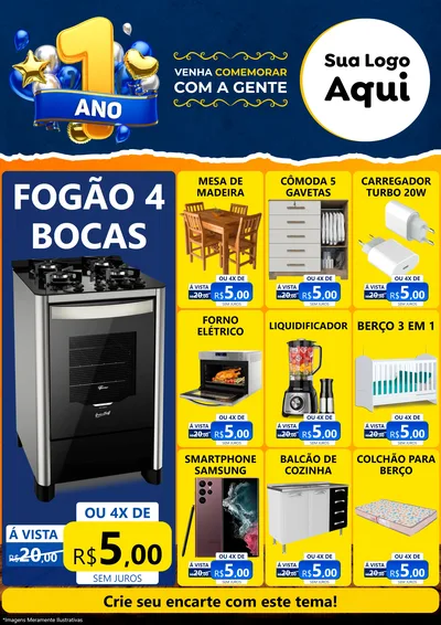 Modelo de Encarte para Encarte A4 Vertical com o tema Um Ano de Aniversário para Móveis e Eletro
