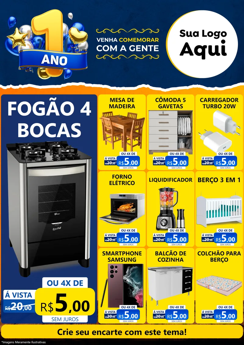 Modelo de Encarte para Encarte A4 Vertical com o tema Um Ano de Aniversário para Móveis e Eletro