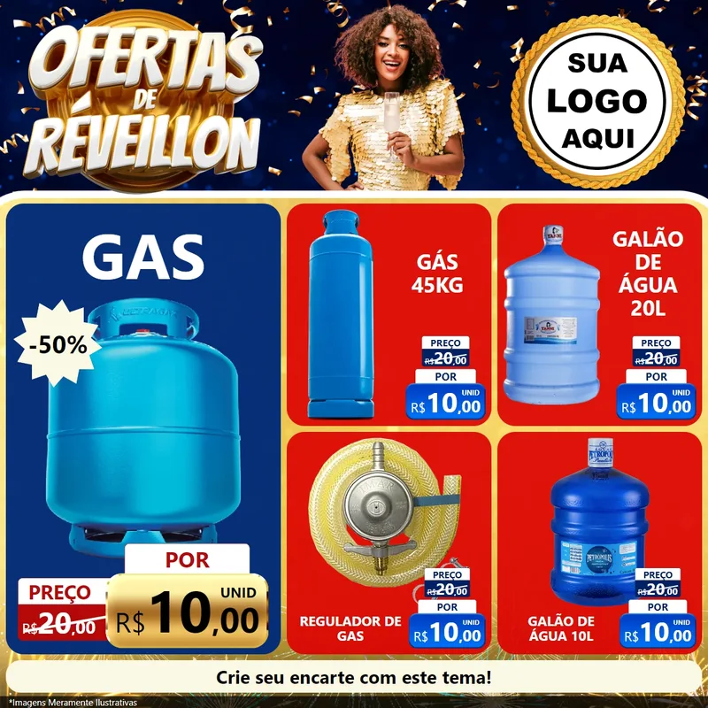 Modelo de Rede Social para Feed Facebook com o tema Ofertas de Réveillon para Água e gás