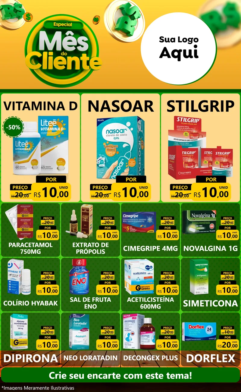 Modelo de Encarte para Encarte Grande com o tema Especial Mês do Cliente para Farmácia