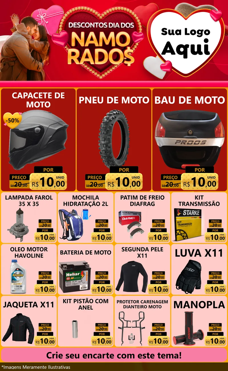 Modelo de Encarte para Encarte Grande com o tema Descontos Dia dos Namorados para Moto peças