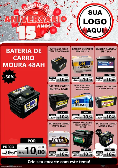 Modelo de Encarte para Encarte A4 Vertical com o tema Promoção de Aniversário - 15 Anos para Baterias Elétricas