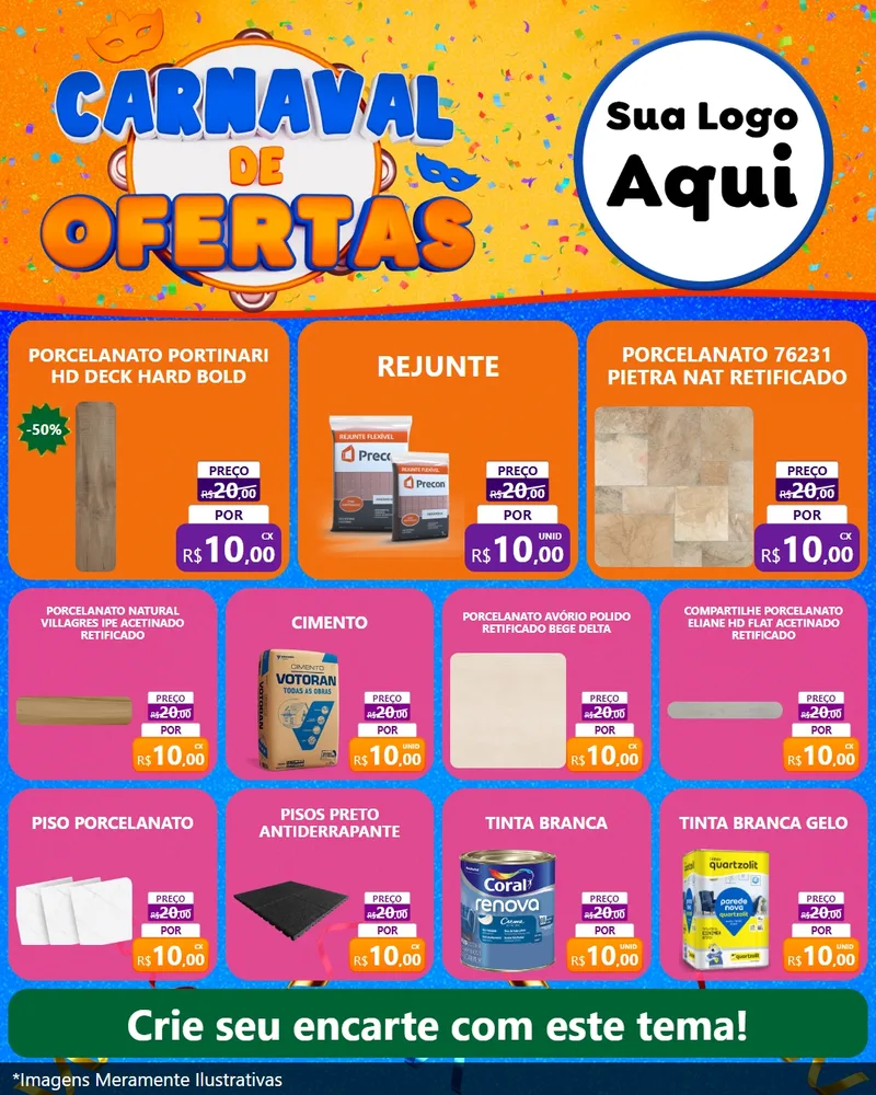 Modelo de Rede Social para Feed Instagram com o tema Carnaval de Ofertas para Pisos e revestimentos