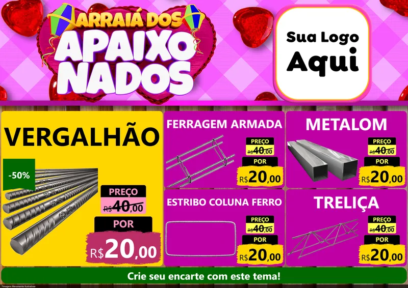 Modelo de Encarte para Encarte A4 Horizontal com o tema Arraiá dos Apaixonados para Ferragens