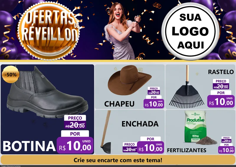 Modelo de Encarte para Encarte A4 Horizontal com o tema Ofertas de Réveillon para Agropecuária