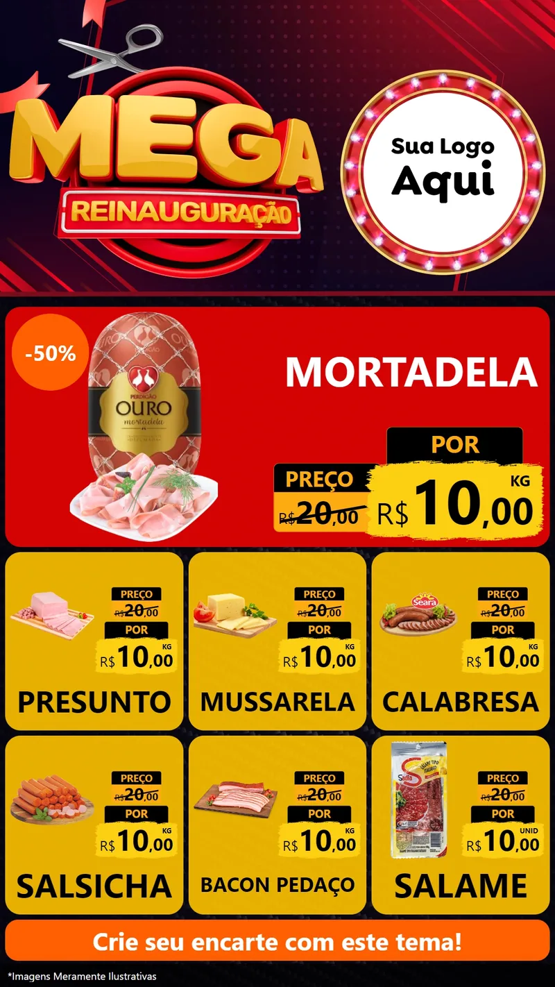 Modelo de Rede Social para Stories com o tema Mega Reinauguração para Frios e Laticínios