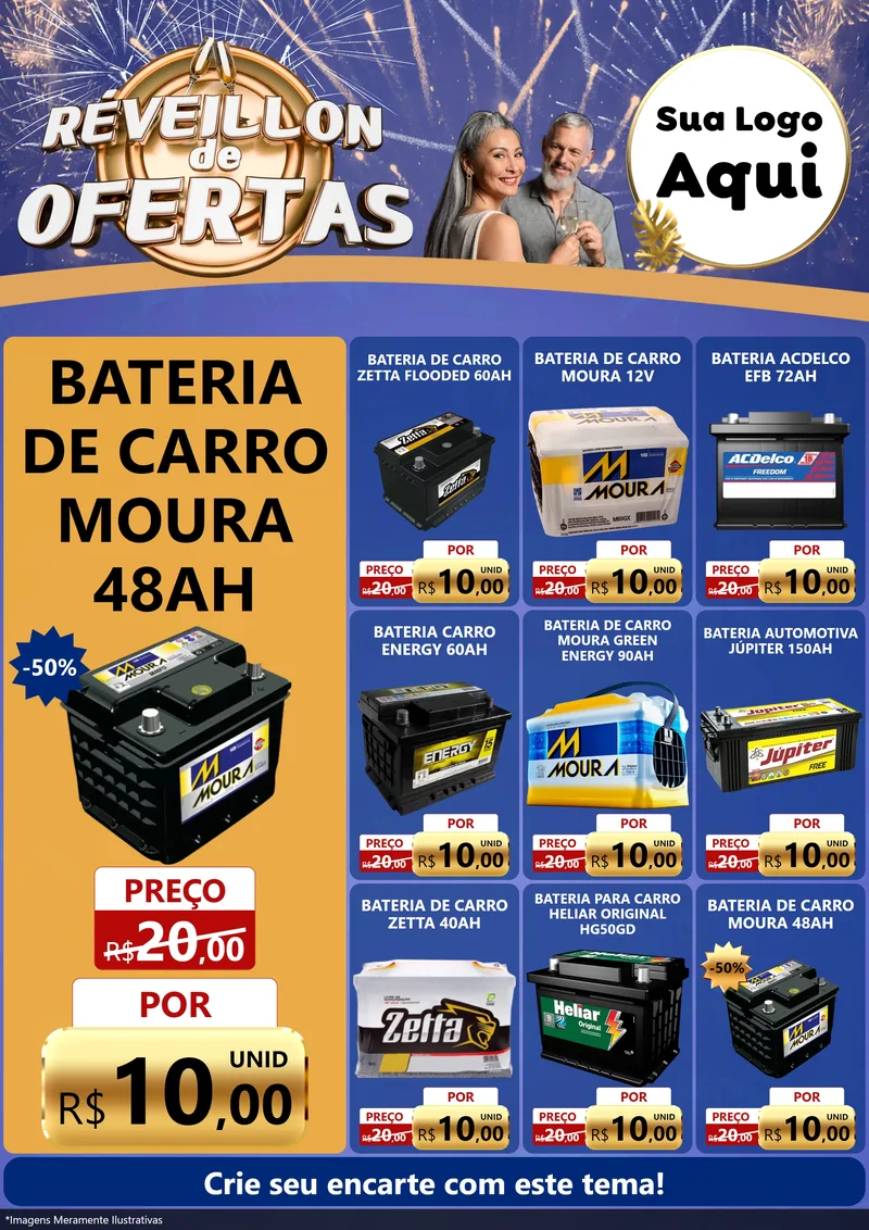 Modelo de Encarte para Encarte A4 Vertical com o tema Réveillon de Ofertas para Baterias Elétricas