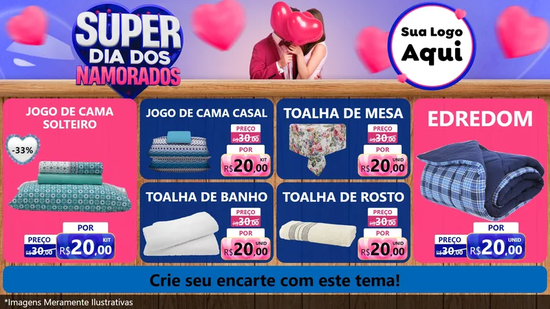 Modelo de TV para TV Horizontal com o tema Super Dia dos Namorados para Cama, Mesa e Banho