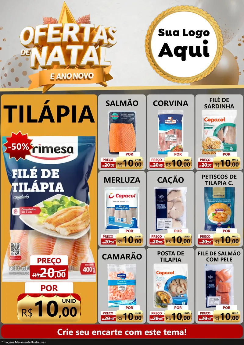Modelo de Encarte para Encarte A4 Vertical com o tema Ofertas De Natal E Ano Novo para Peixaria