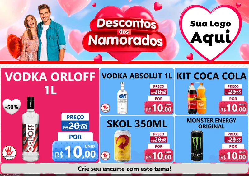 Modelo de Encarte para Encarte A4 Horizontal com o tema Descontos dos Namorados para Distribuidora de bebidas