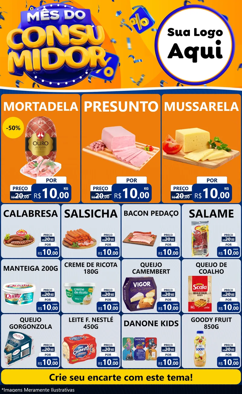 Modelo de Encarte para Encarte Grande com o tema Mês do Consumidor para Frios e Laticínios