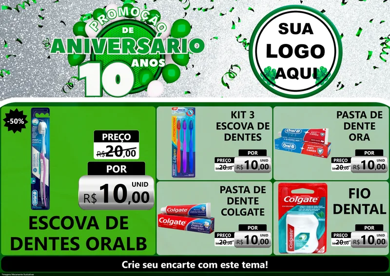 Modelo de Encarte para Encarte A4 Horizontal com o tema Promoção de Aniversário - 10 Anos para Higiene Pessoal