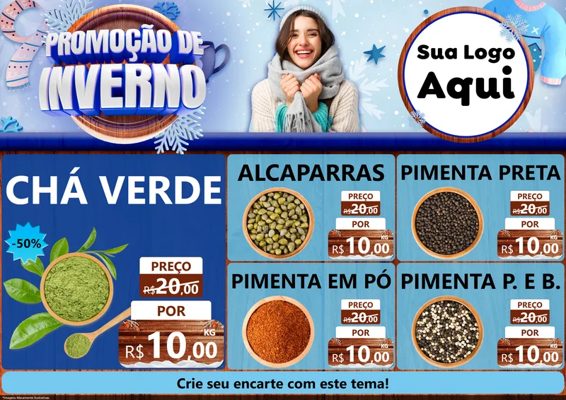 Modelo de Encarte para Encarte A4 Horizontal com o tema Promoção de Inverno para Produtos Naturais