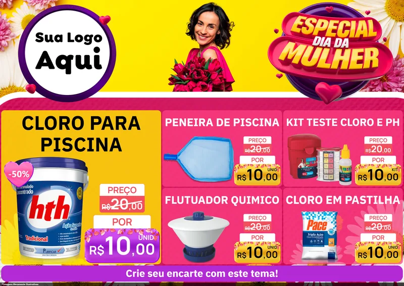 Modelo de Encarte para Encarte A4 Horizontal com o tema Especial Dia da Mulher para Produtos para Piscina