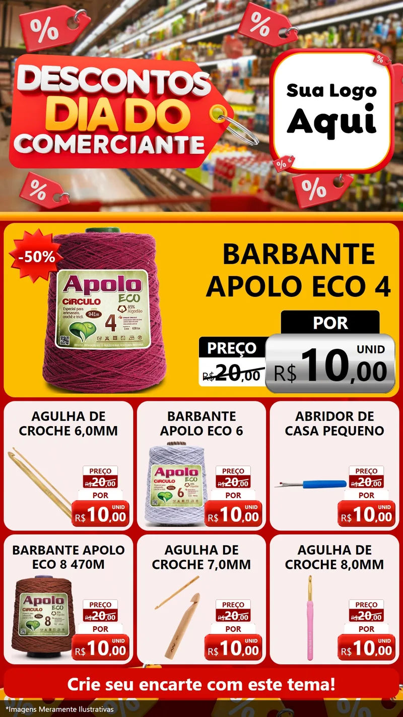 Modelo de Rede Social para Stories com o tema Descontos Dia do Comerciante para Armarinho e Aviamentos