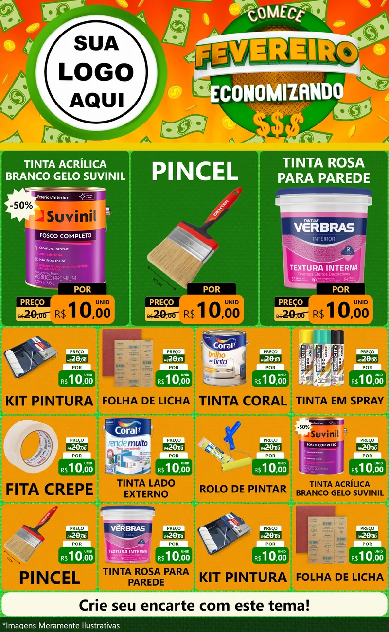 Modelo de Encarte para Encarte Grande com o tema Comece Fevereiro Economizando para Tintas e Ferramentas