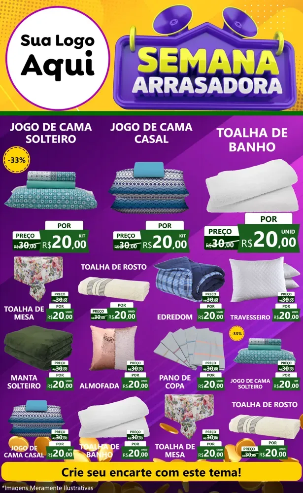 Modelo de Encarte para Encarte Grande com o tema Semana Arrasadora para Cama, Mesa e Banho