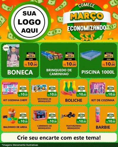 Modelo de Rede Social para Feed Instagram com o tema Comece Março Economizando para Brinquedos