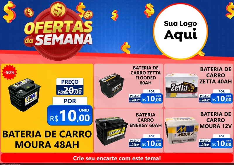 Modelo de Encarte para Encarte A4 Horizontal com o tema Ofertas Da Semana para Baterias Elétricas