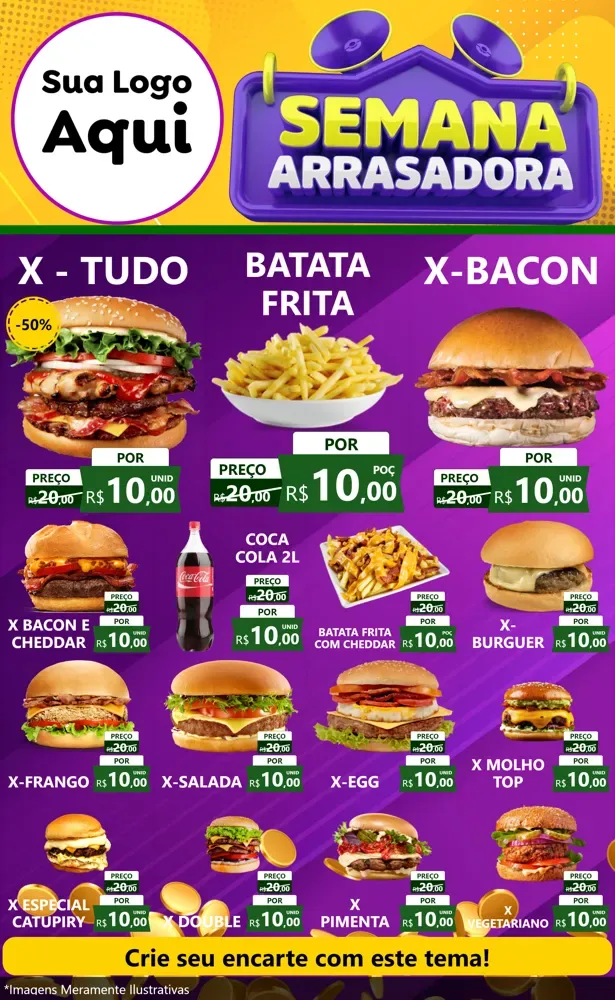 Modelo de Encarte para Encarte Grande com o tema Semana Arrasadora para Hamburgueria