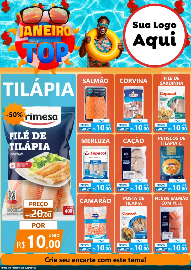 Modelo de Encarte para Encarte A4 Vertical com o tema Janeiro Top para Peixaria