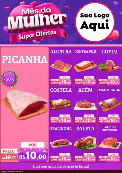 Modelo de Encarte para Encarte A4 Vertical com o tema Mês da Mulher - Super Ofertas para Açougue