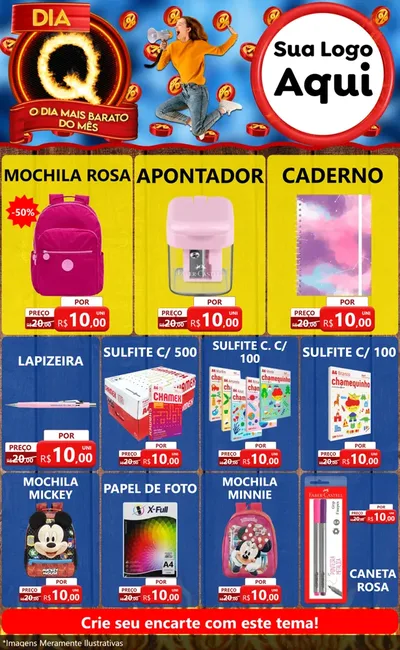 Modelo de Encarte para Encarte Grande com o tema Dia Q - O Dia Mais Barato Do Mês para Papelaria