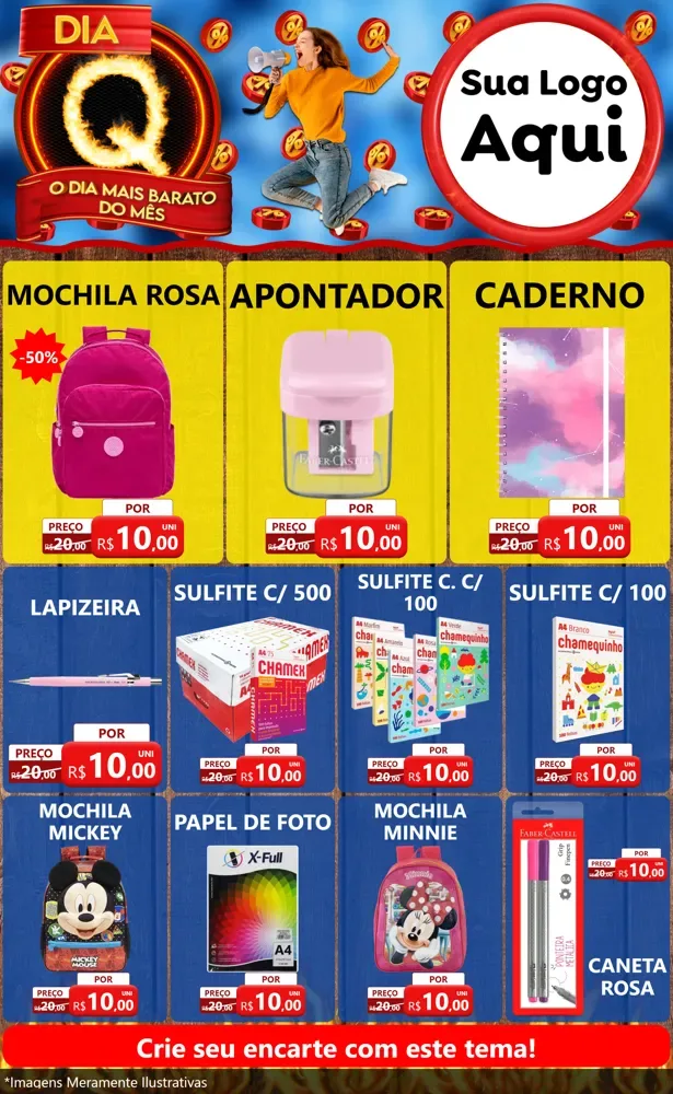 Modelo de Encarte para Encarte Grande com o tema Dia Q - O Dia Mais Barato Do Mês para Papelaria