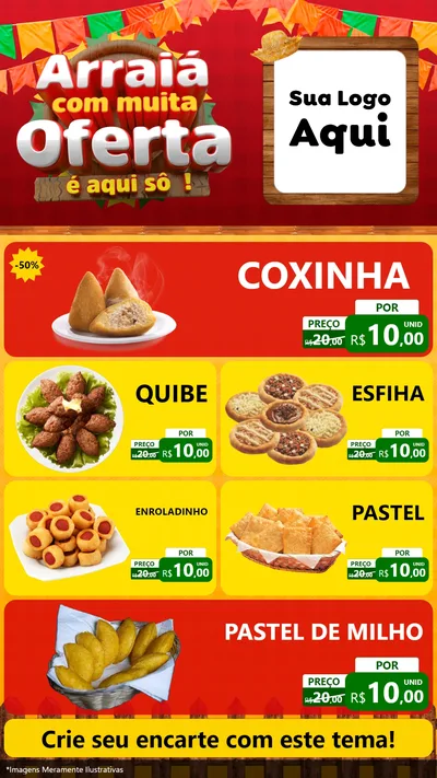 Modelo de TV para TV Vertical com o tema Arraiá Com Muita Oferta - É Aqui Sô! para Salgadaria