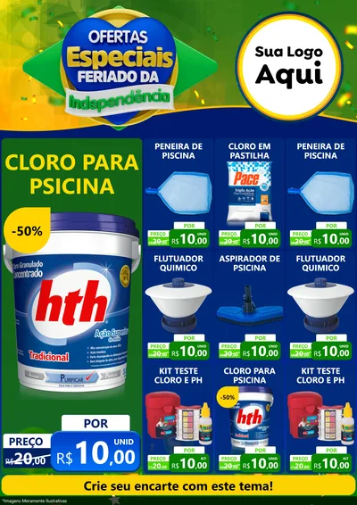 Modelo de Encarte para Encarte A4 Vertical com o tema Ofertas Especiais Feriado da Independência para Produtos para Piscina