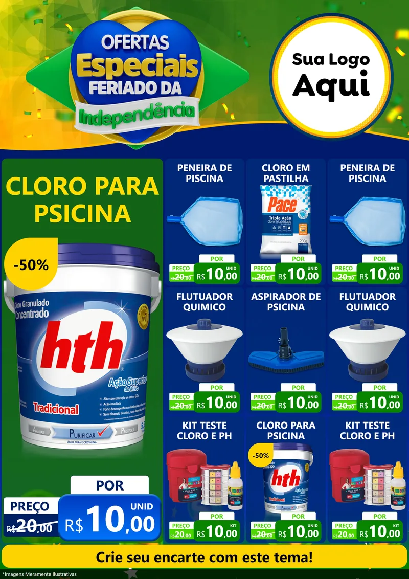 Modelo de Encarte para Encarte A4 Vertical com o tema Ofertas Especiais Feriado da Independência para Produtos para Piscina