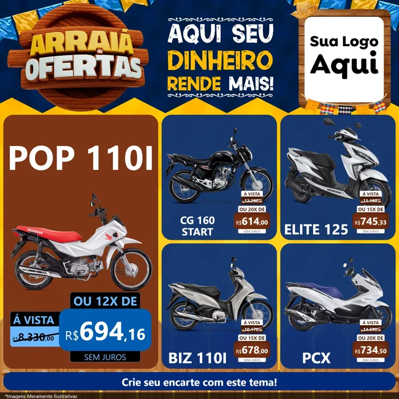 Modelo de Rede Social para Feed Facebook com o tema Arraiá de Ofertas - Junina para Concessionaria de Motos