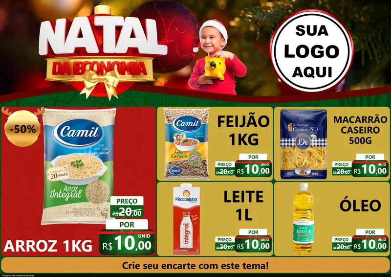 Modelo de Encarte para Encarte A4 Horizontal com o tema Natal da Economia para Supermercado