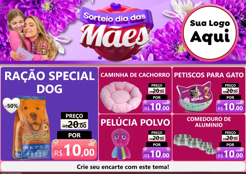 Modelo de Encarte para Encarte A4 Horizontal com o tema Sorteio Dia das Mães para Pet Shop