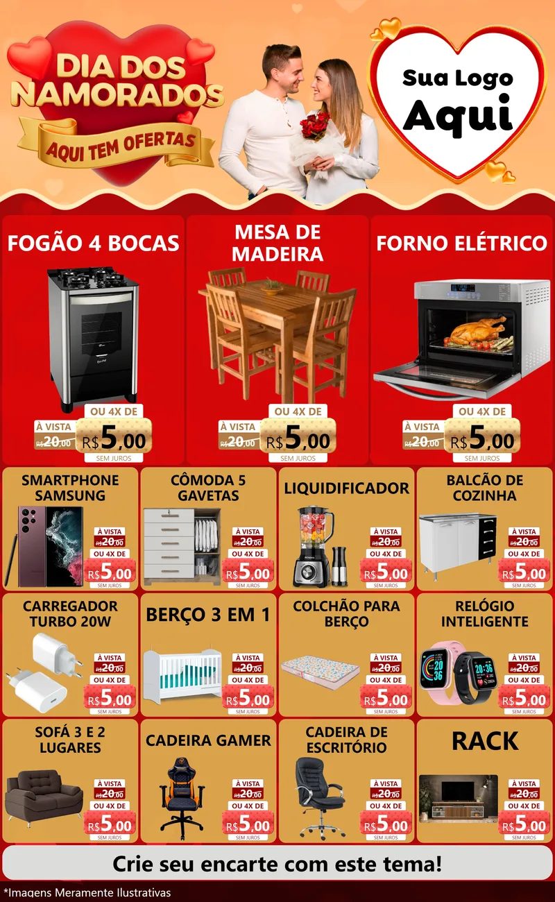 Modelo de Encarte para Encarte Grande com o tema Dia dos Namorados - Aqui Tem Ofertas para Móveis e Eletro