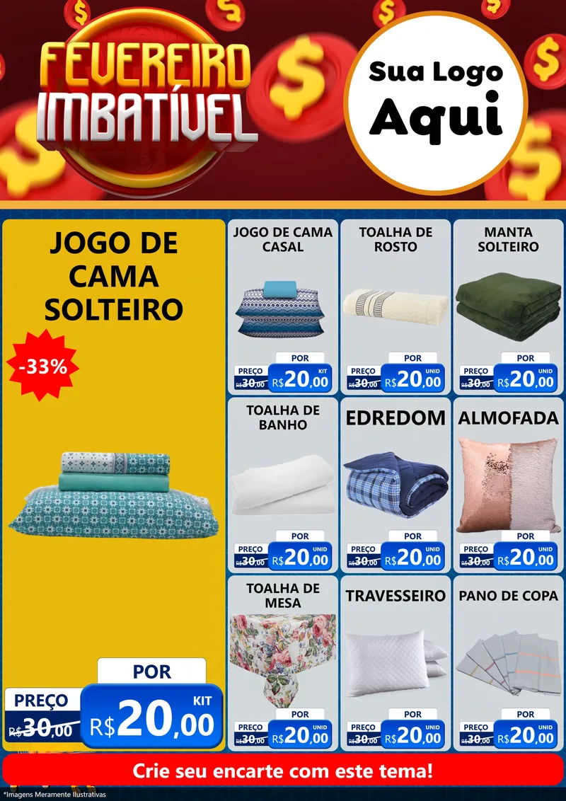 Modelo de Encarte para Encarte A4 Vertical com o tema Fevereiro Imbatível para Cama, Mesa e Banho