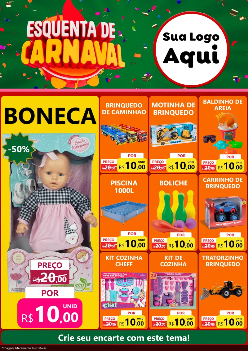Modelo de Encarte para Encarte A4 Vertical com o tema Esquenta de Carnaval para Brinquedos
