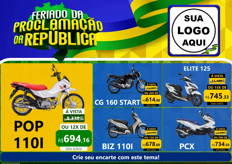 Modelo de Encarte para Encarte A4 Horizontal com o tema Feriado da Proclamação da República para Concessionaria de Motos