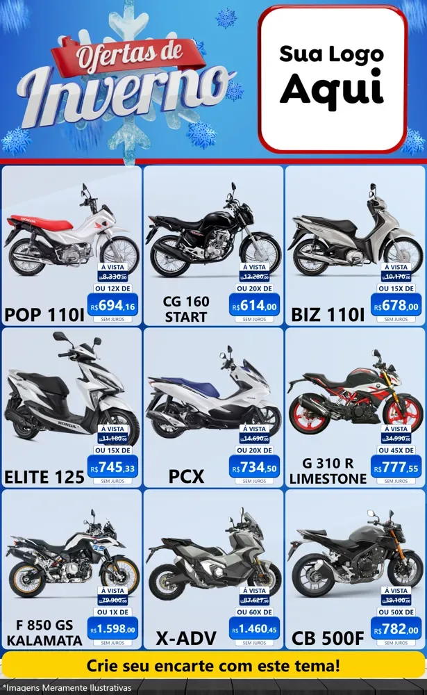 Modelo de Encarte para Encarte Grande com o tema Ofertas de Inverno para Concessionaria de Motos