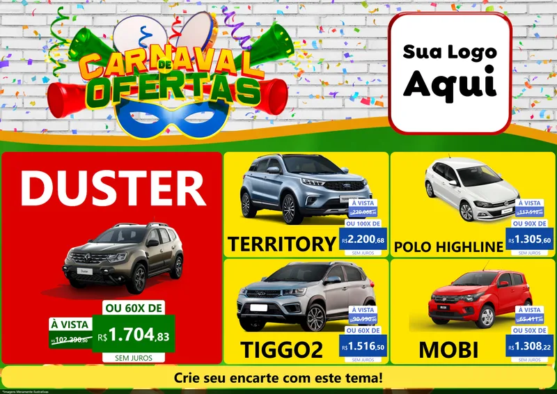 Modelo de Encarte para Encarte A4 Horizontal com o tema Carnaval de Ofertas para Concessionaria de Carros