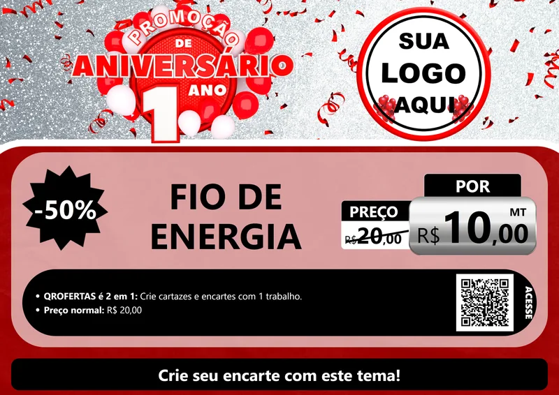 Modelo de Cartaz para Cartaz A4 Horizontal com o tema Promoção de Aniversário - 1 Ano para Materiais Elétricos