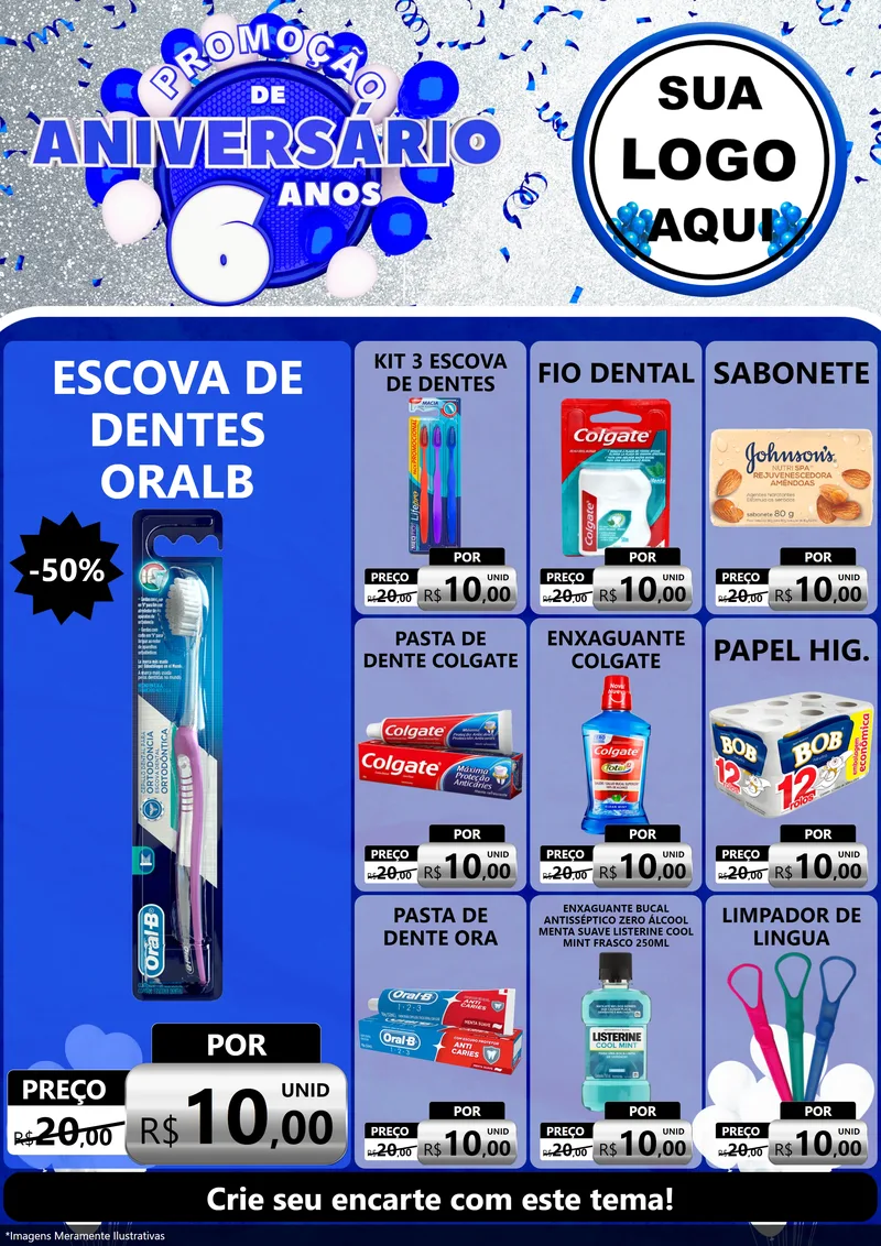 Modelo de Encarte para Encarte A4 Vertical com o tema Promoção de Aniversário - 6 Anos para Higiene Pessoal