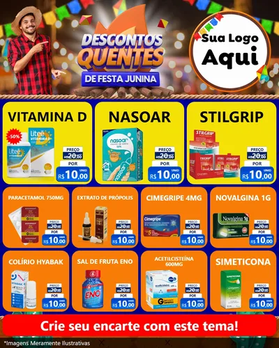 Modelo de Rede Social para Feed Instagram com o tema Descontos Quentes de Festa Junina para Farmácia