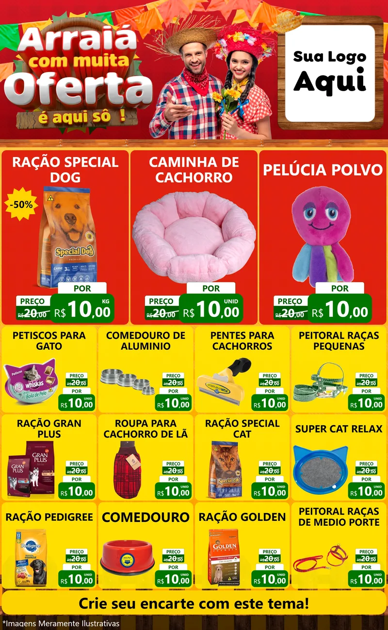 Modelo de Encarte para Encarte Grande com o tema Arraiá Com Muita Oferta - É Aqui Sô! para Pet Shop