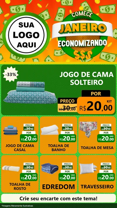 Modelo de Rede Social para Stories com o tema Comece Janeiro Economizando para Cama, Mesa e Banho