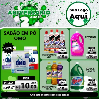 Modelo de Rede Social para Feed Facebook com o tema Promoção de Aniversário - 2 Anos para Produtos de Limpeza